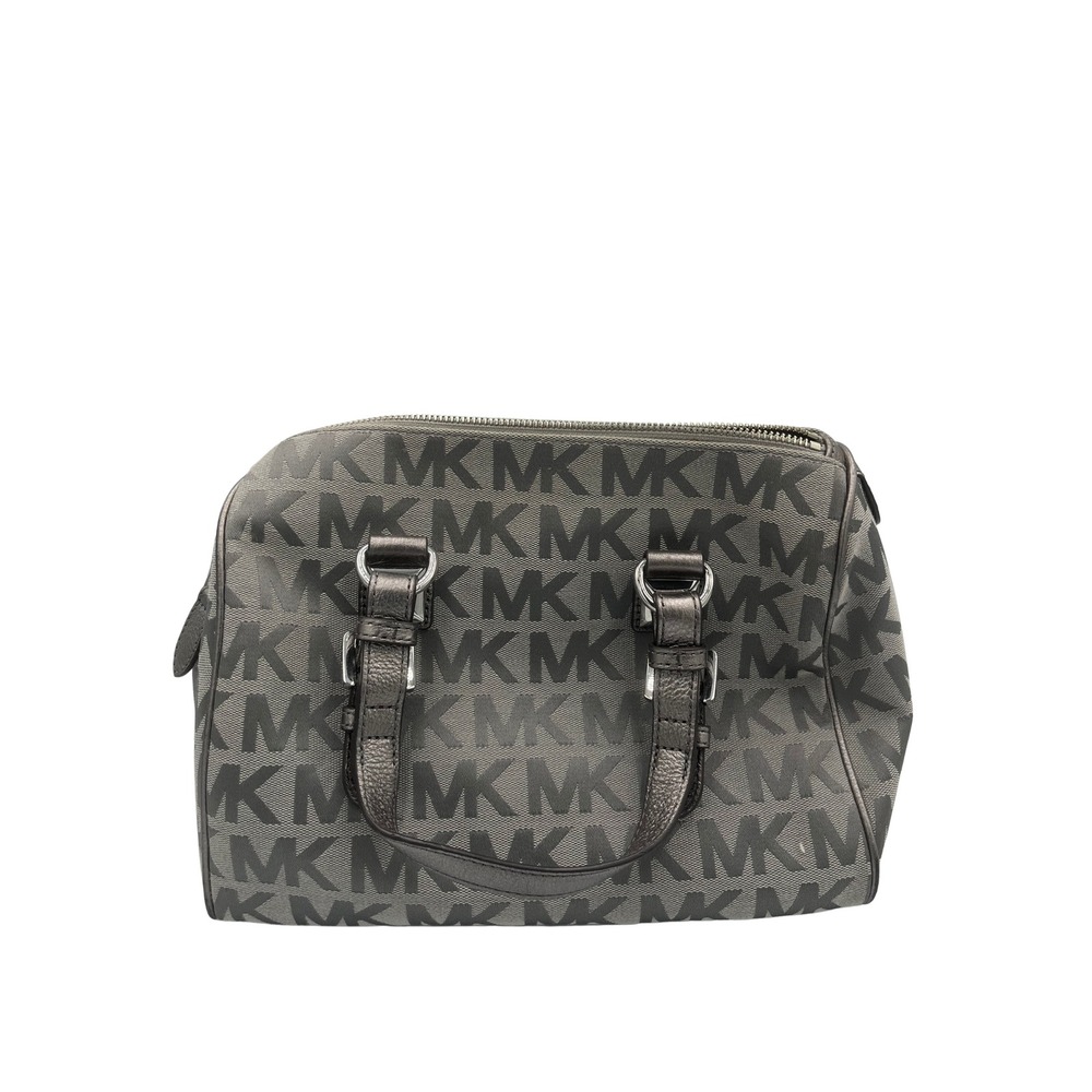 Michael Kors Grey MK Signature Canvas Satchel Bag Pewter Leather Trim NS1RN3
